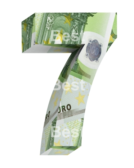 One digit from euro bill alphabet set isolated over white.