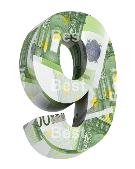 One digit from euro bill alphabet set isolated over white.