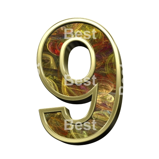 One digit from fractal with shiny gold frame alphabet set, isolated on white.