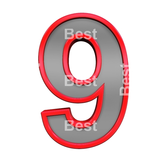 One digit from from gray glass with red frame alphabet set, isolated on white. 