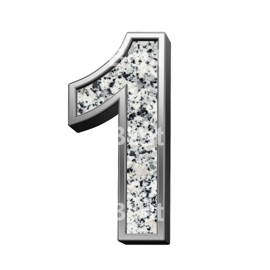 One digit from granite with silver frame alphabet set isolated over white.