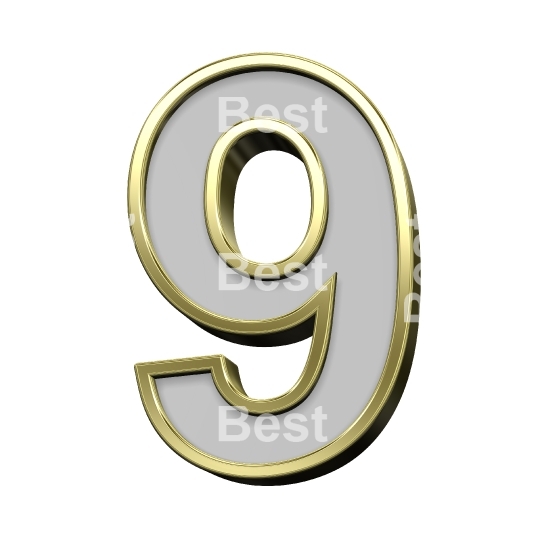 One digit from gray with gold frame alphabet set, isolated on white