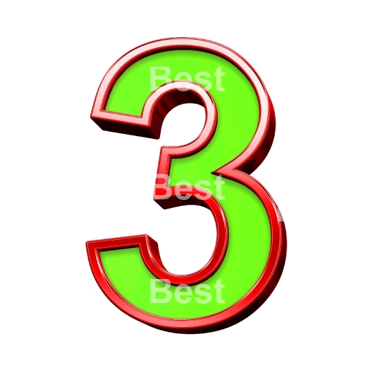 One digit from green with shiny red frame alphabet set, isolated on white. 