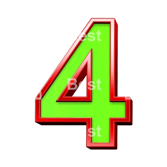 One digit from green with shiny red frame alphabet set, isolated on white. 