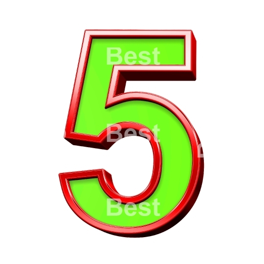 One digit from green with shiny red frame alphabet set, isolated on white. 