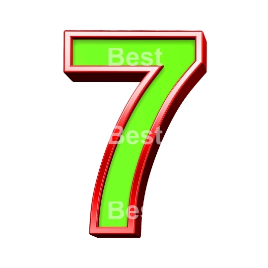 One digit from green with shiny red frame alphabet set, isolated on white. 