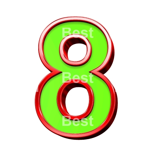 One digit from green with shiny red frame alphabet set, isolated on white. 