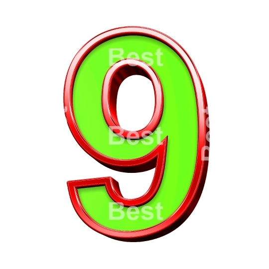 One digit from green with shiny red frame alphabet set, isolated on white. 