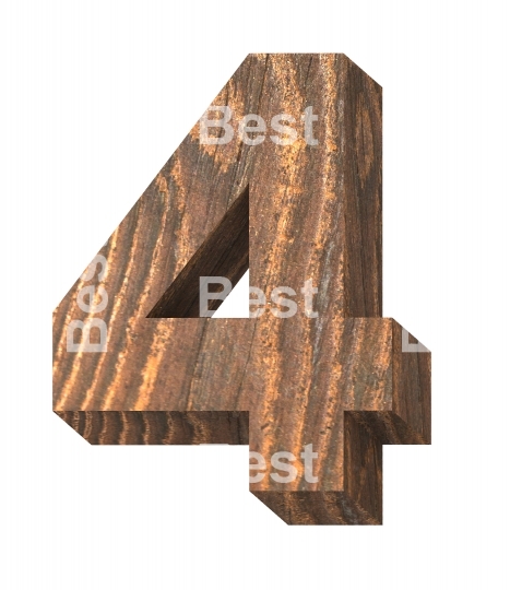 One digit from old pine wood alphabet set isolated over white.