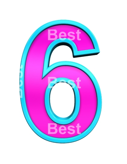 One digit from pink glass with blue frame alphabet set, isolated on white.