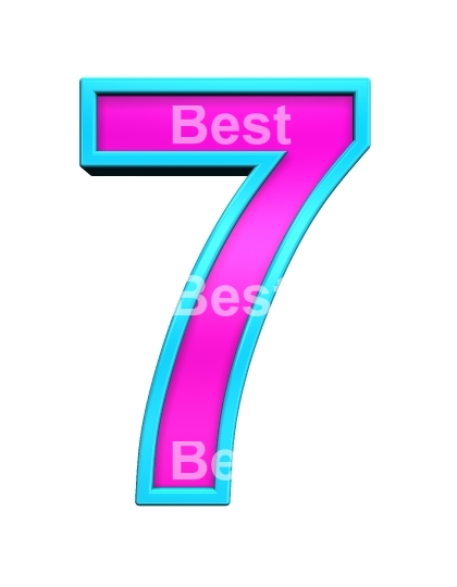 One digit from pink glass with blue frame alphabet set, isolated on white.