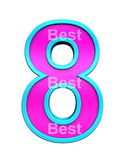 One digit from pink glass with blue frame alphabet set, isolated on white.