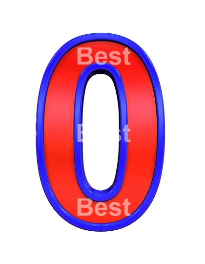 One digit from red glass with blue frame alphabet set, isolated on white. 