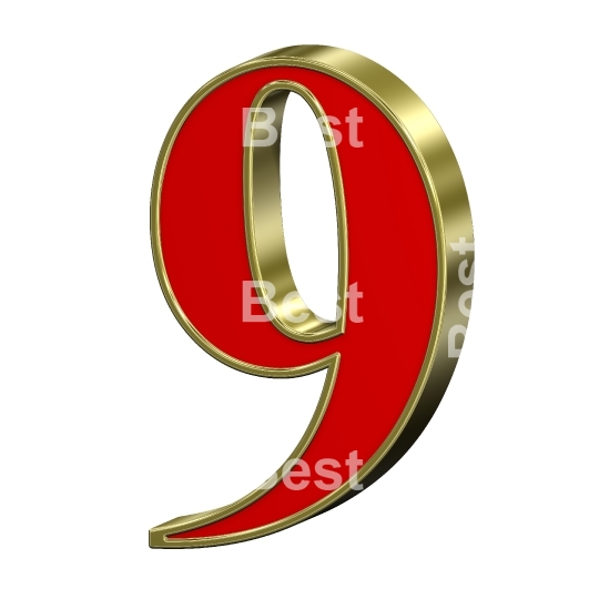 One digit from red with gold frame Roman alphabet set, isolated 