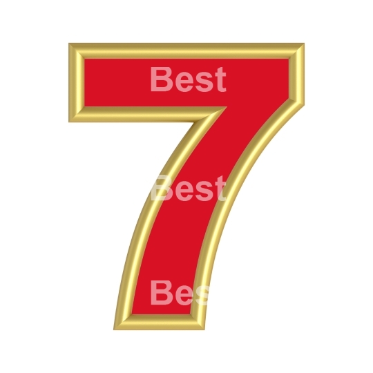 One digit from red with gold shiny frame alphabet set, isolated on white