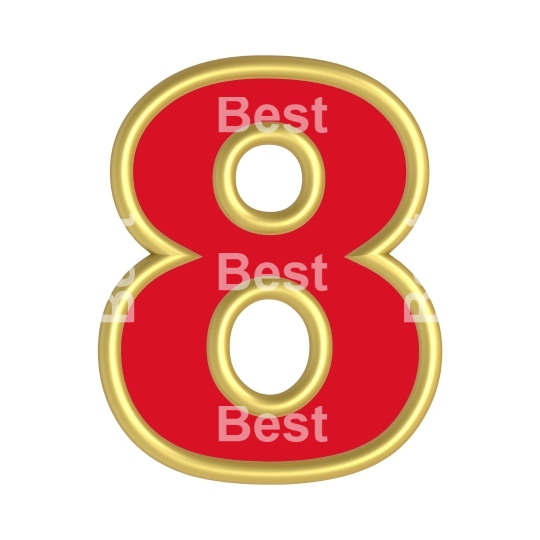 One digit from red with gold shiny frame alphabet set, isolated on white