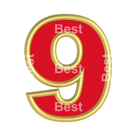 One digit from red with gold shiny frame alphabet set, isolated on white