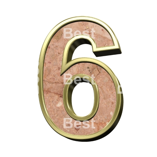 One digit from stone conglomerate with gold frame alphabet set isolated over white.