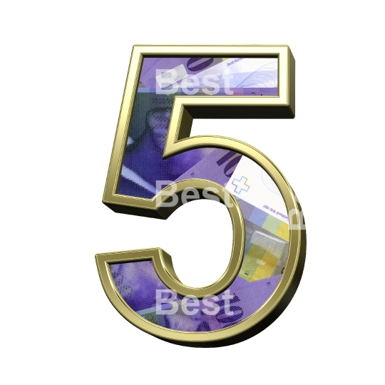 One digit from Swiss franc bill with gold frame alphabet set, isolated on white.