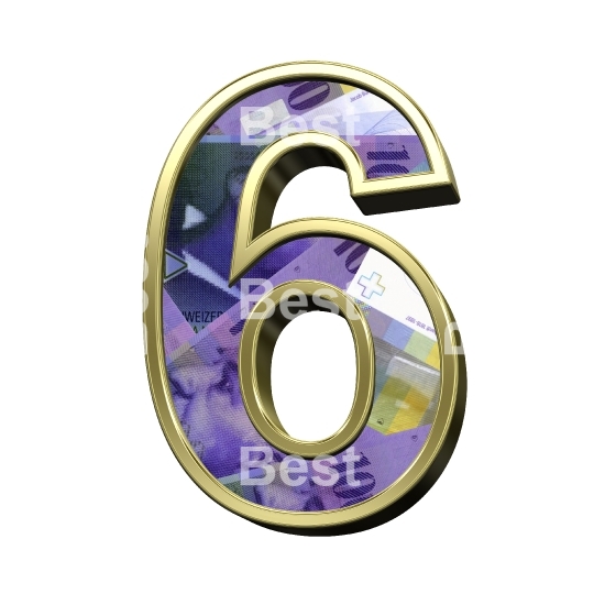 One digit from Swiss franc bill with gold frame alphabet set, isolated on white.