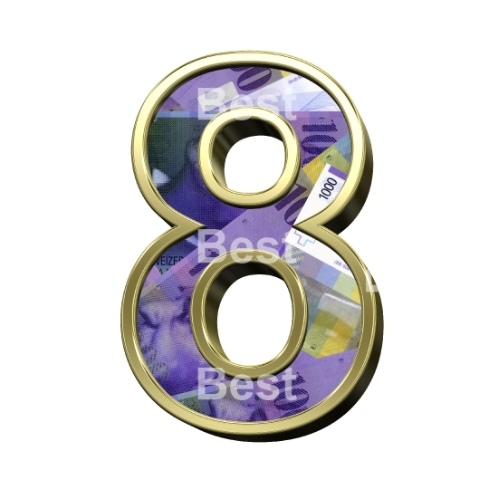 One digit from Swiss franc bill with gold frame alphabet set, isolated on white.