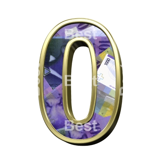One digit from Swiss franc bill with gold frame alphabet set, isolated on white.