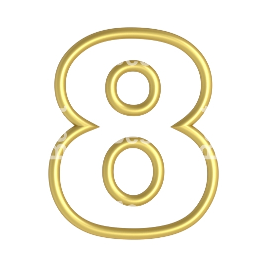 One digit from white with gold frame shiny frame alphabet set, isolated on white