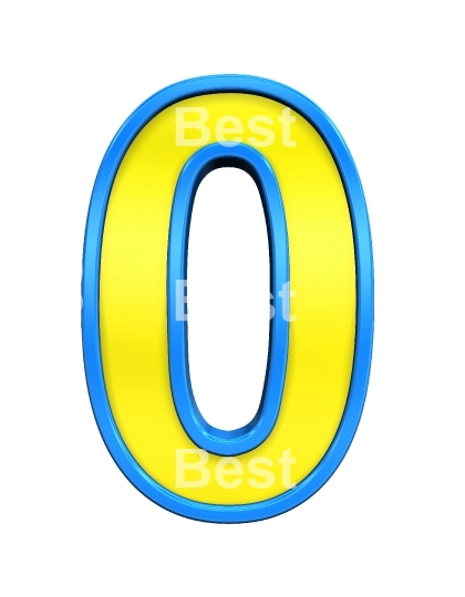 One digit from yellow glass with blue frame alphabet set, isolated on white. 