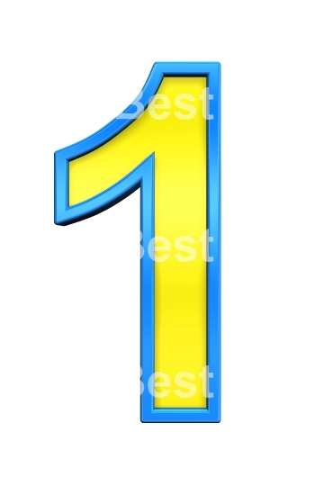 One digit from yellow glass with blue frame alphabet set, isolated on white. 