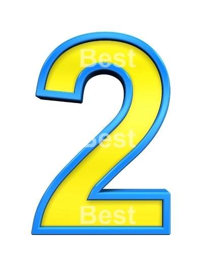 One digit from yellow glass with blue frame alphabet set, isolated on white. 