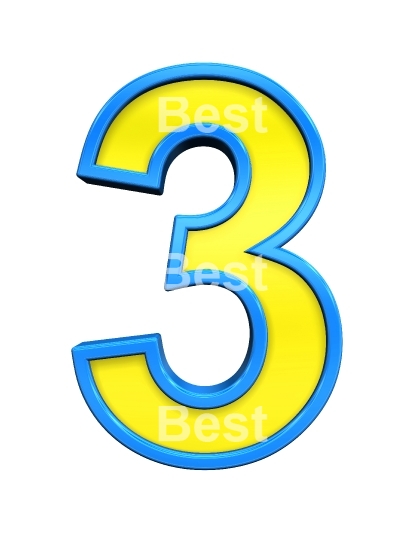 One digit from yellow glass with blue frame alphabet set, isolated on white. 