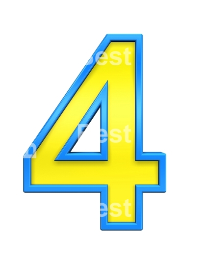 One digit from yellow glass with blue frame alphabet set, isolated on white. 
