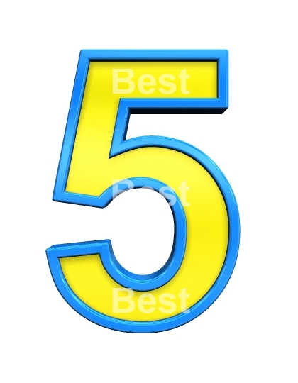 One digit from yellow glass with blue frame alphabet set, isolated on white. 