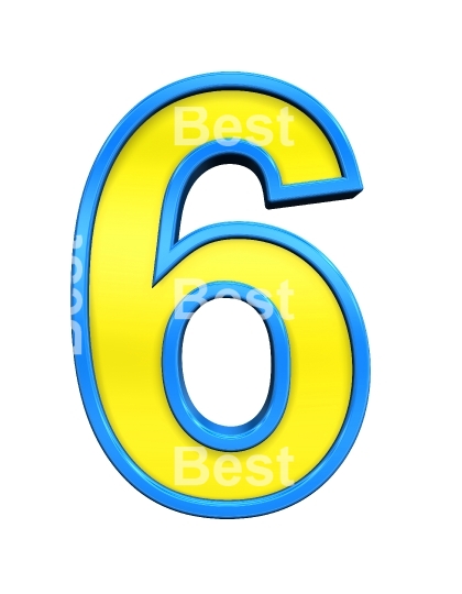 One digit from yellow glass with blue frame alphabet set, isolated on white. 