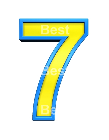 One digit from yellow glass with blue frame alphabet set, isolated on white. 