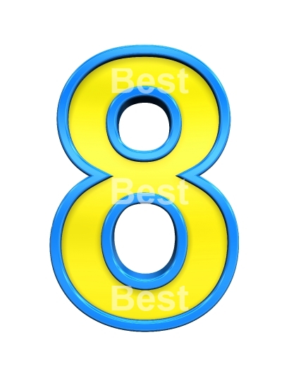 One digit from yellow glass with blue frame alphabet set, isolated on white. 