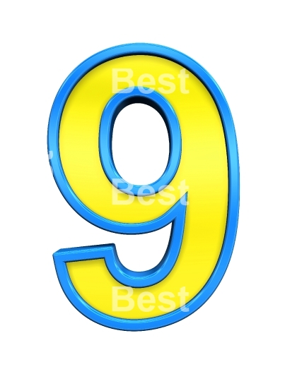 One digit from yellow glass with blue frame alphabet set, isolated on white. 