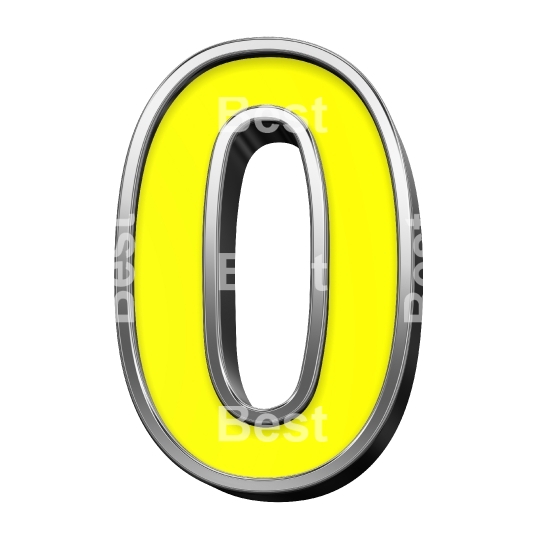 One digit from yellow with chrome frame alphabet set, isolated on white. 