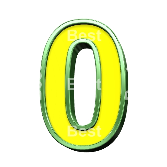 One digit from yellow with shiny green frame alphabet set, isolated on white. 