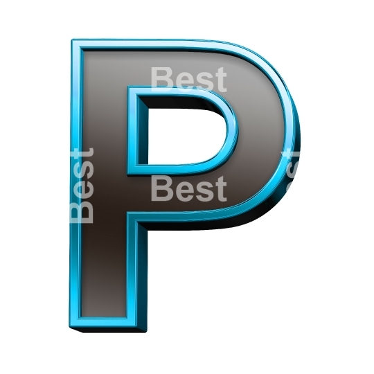 One letter from black glass with blue frame alphabet set, isolated on white.