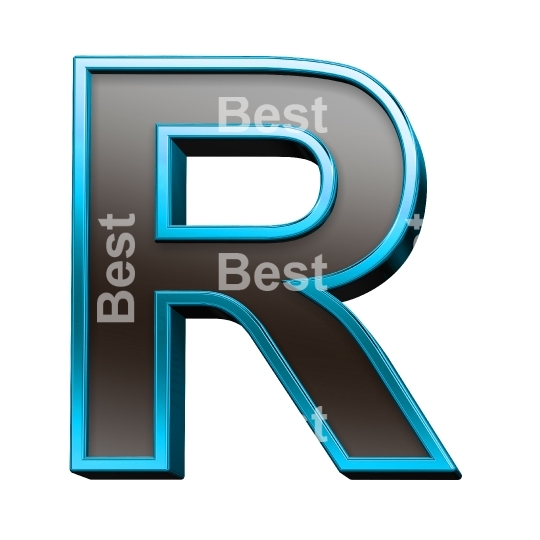 One letter from black glass with blue frame alphabet set, isolated on white.