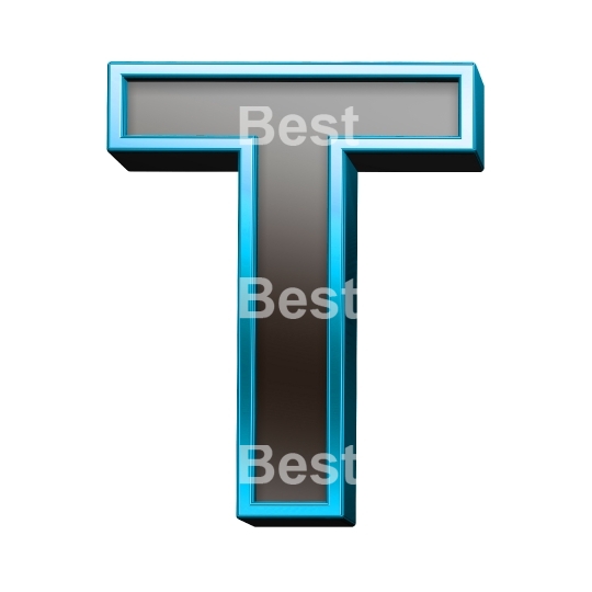 One letter from black glass with blue frame alphabet set, isolated on white.