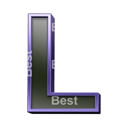 One letter from black glass with purple frame alphabet set, isolated on white.