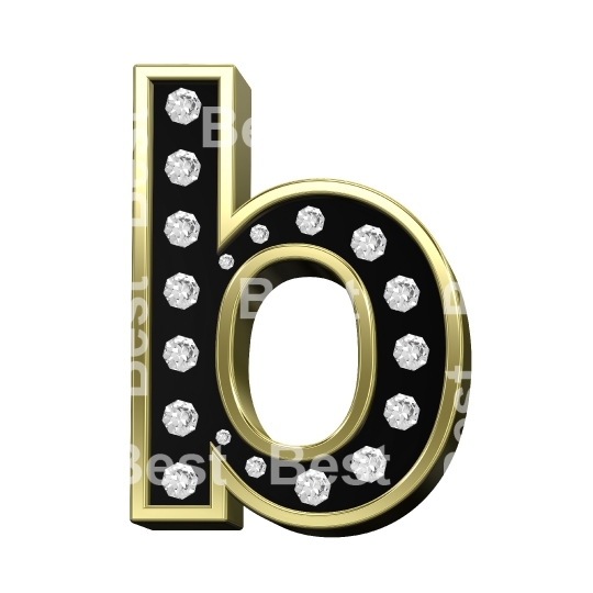 One letter from black with gold frame and diamonds alphabet set isolated on white.