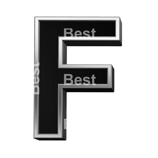 One letter from black with shiny silver frame alphabet set, isolated on white. 