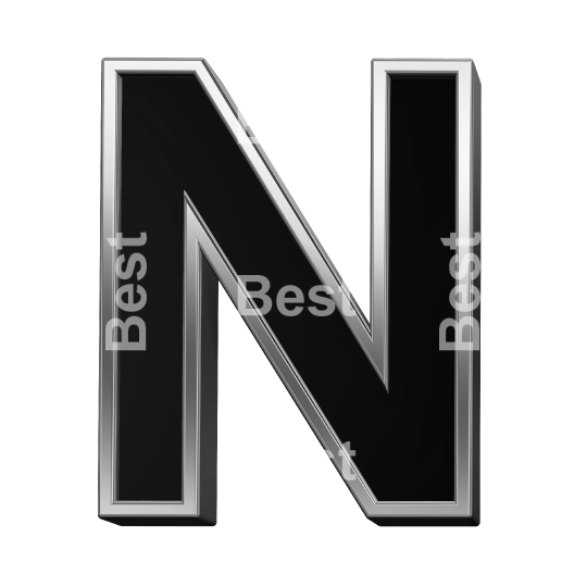 One letter from black with shiny silver frame alphabet set, isolated on white. 