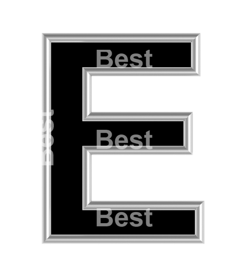 One letter from black with silver shiny frame alphabet set, isolated on white