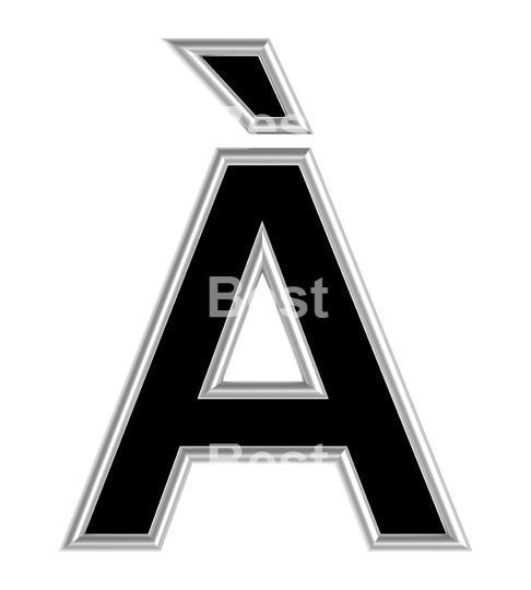 One letter from black with silver shiny frame alphabet set, isolated on white