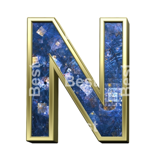 One letter from blue fractal with gold frame alphabet set, isolated on white.