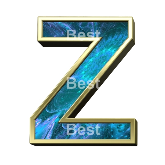 One letter from blue fractal with shiny gold frame alphabet set, isolated on white.